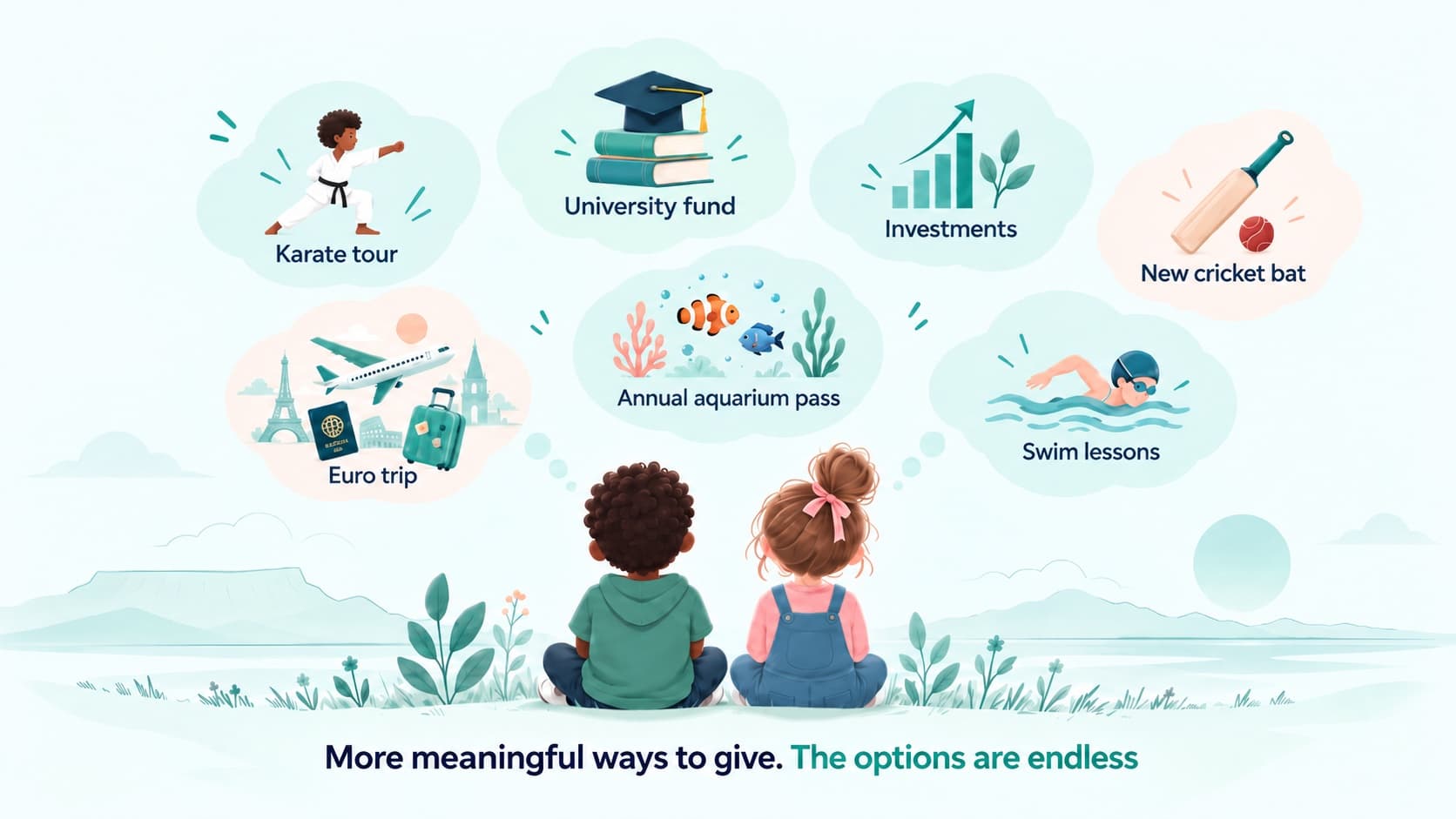 Two children sitting on the grass with Table Mountain behind them, looking up at the things family could give: a karate tour, a university fund, investments, a new cricket bat, a Euro trip, an aquarium pass, swim lessons. Beneath them: more meaningful ways to give, the options are endless.